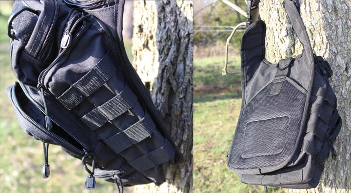 2 views of opmod bag hanging from a tree