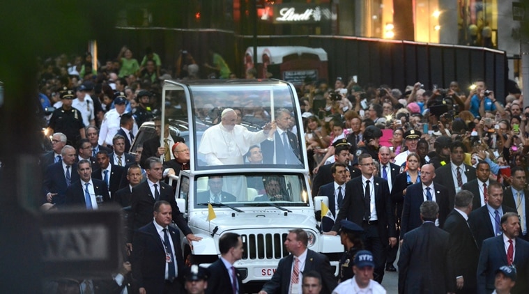 Pope Francis driving south on 5th Avenue in the popemobile during his trip to New York City, NY and visited St. Patrick’s Cathedral in midtown Manhattan on Thursday, Sept. 24, 2015. (Photo: Associated Press)