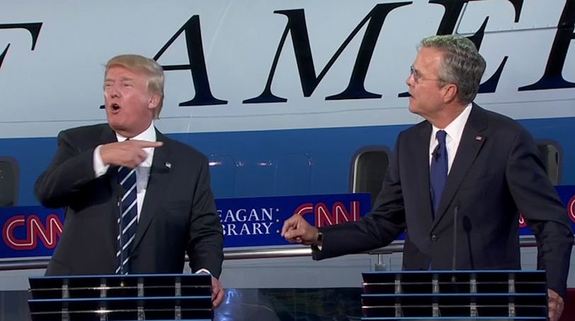 Presidential candidates Donald Trump and Jeb Bush square off at the second round of Republican debates hosted by CNN Wednesday, Sept. 17, 2015. 
