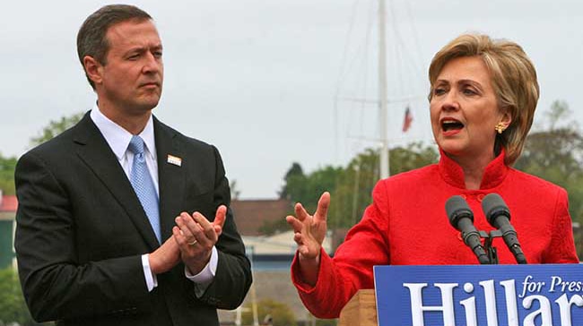 New York Sen. Hillary Rodham Clinton speaks about her campaign for the 2008 presidency after being endorsed by Maryland Gov. Martin O'Malley, left, at City Dock in Annapolis, Md., on Wednesday, May 9, 2007. (AP Photo/Kathleen Lange)