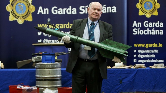 Irish police show off recent IRA weapons seizures, beer keg bomb