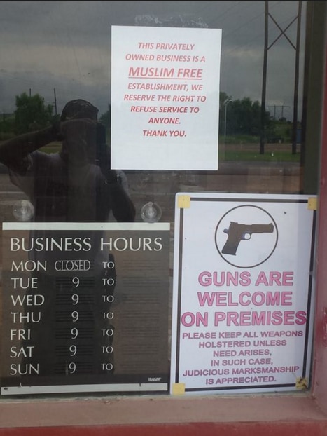 A sign displayed by an Oklahoma gun range, declaring the business premises as "Muslim Free." (Photo: CAIR)