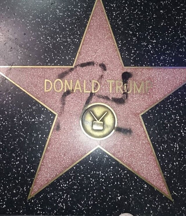 Donald Trump walk of fame star with swastika