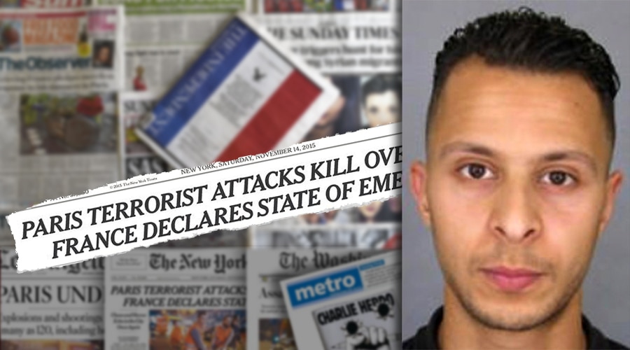 Photo compilation of newspapers reporting Paris terrorist attacks and suspect Salah Abdeslam (Credit: Jared Morgan)