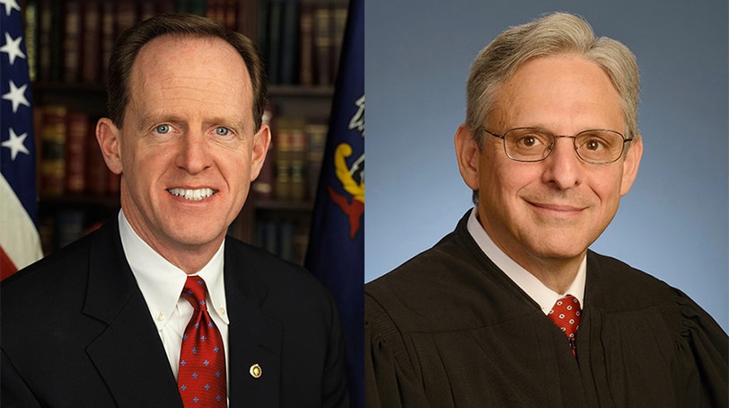 Pat Toomey (left) says he’ll meet with Supreme Court nominee Merrick Garland, but he won’t vote to confirm him. (Photo: Via PhillyMag.com)