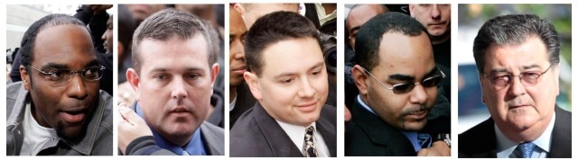 From left the five former New Orleans Police Department officers: Robert Faulcon Jr., Robert Gisevius Jr., Kenneth Bowen, Anthony Villavaso II and retired New Orleans police Sgt. Arthur Kaufman, who pled guilty this week for their role in the Danziger Bridge shooting and cover up in New Orleans, Louisiana on Sept. 4, 2005. (Photo: AP)