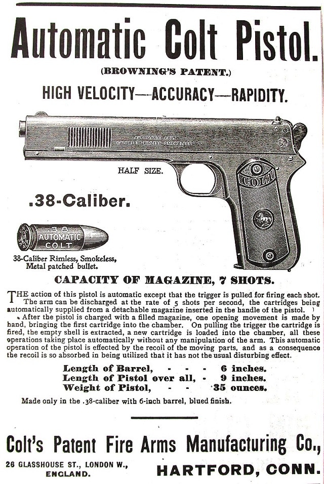 And even overseas sales, as shown in the British ad from the 1900s showing off the Colt's "Rapididity" good luck buying a semi-auto handgun in England today