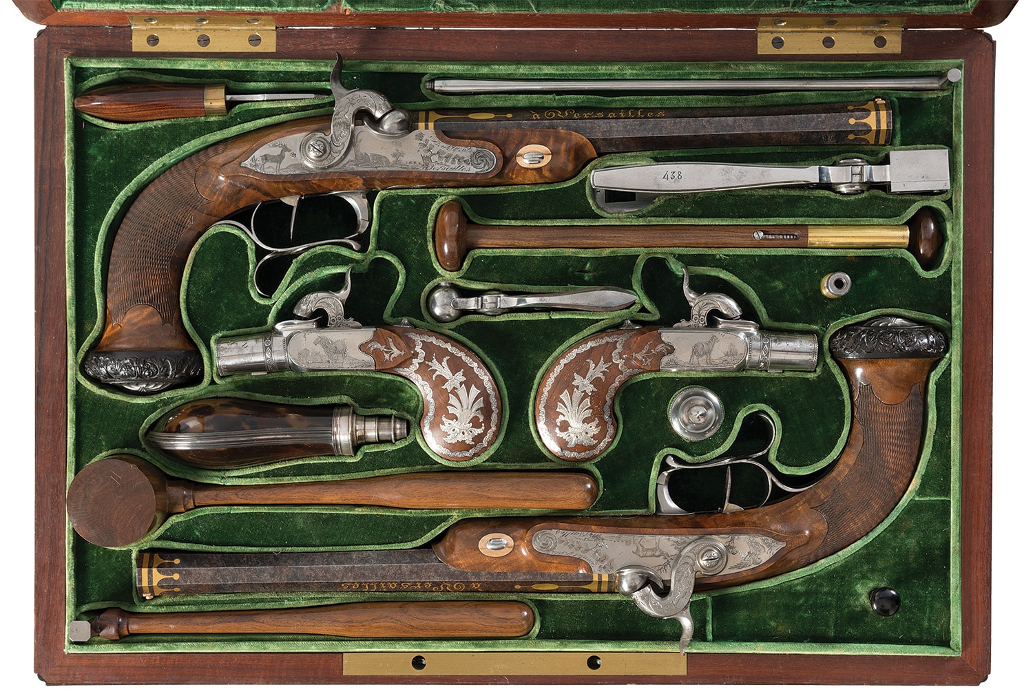 Exhibition Quality Gold Inlaid and Engraved Cased Four Gun Garniture by Renowned Maker Nicolas Noel Boutet