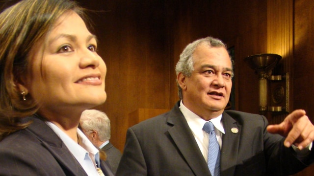 The Honorable Ramona Manglona, left, has been the presiding judge of the District Court for the Northern Mariana Islands since 2011. In the past year, she has repeatedly held the government to task on gun rights. (Photo: Congressman Kililisablan's Office)