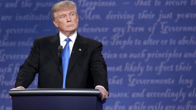 Donald Trump standing behind his lectern during Monday's presidential debate against Hillary Clinton.