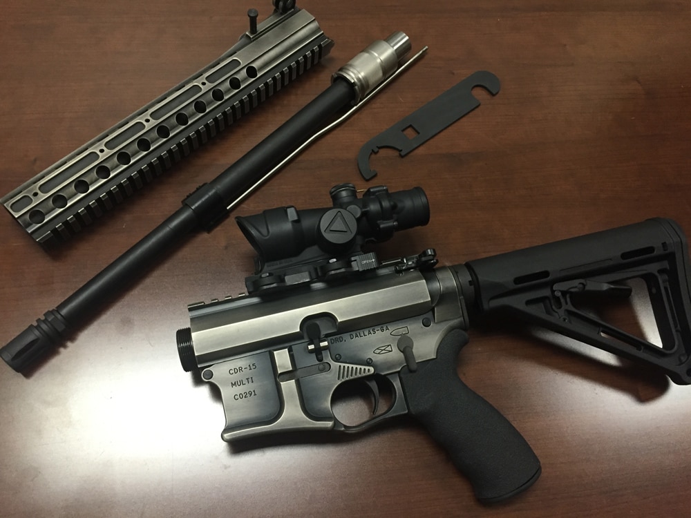 DRD Tactical’s CDR-15 in lovely battle-worn finish, disassembled for travel. (Photo: Team HB) 