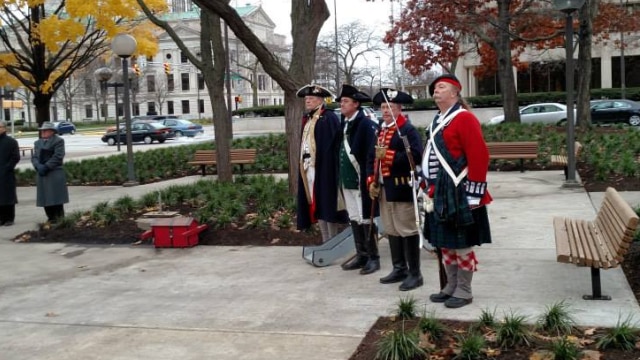 Currently the only civilian-owned guns allowed in Fort Wayne's 90 public parks are replicas carried by reenactors such as these for the re-dedication of the statue of Gen. "Mad" Anthony Wayne in Freimann Square. (Photo: Fort Wayne Parks and Recreation)