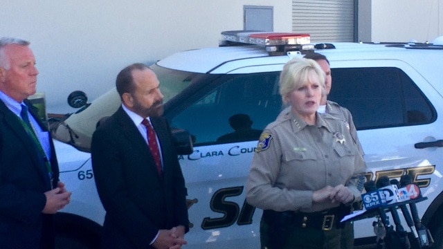California state Sen. Jerry Hill, D-San Mateo, and Santa Clara County Sheriff Laurie Smith showed off new lock boxed to be installed in deputy's public and private vehicles to secure issued weapons when not in use. (Photo: Santa Clara County Sheriff's Department) 