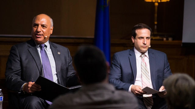 Las Vegas City Councilman Stavros Anthony, left, and William Sousa, UNLV professor, discussing Question 1 during a town hall at the Las Vegas Mob Museum Thursday. (Photo: Miranda Alam/Las Vegas Review-Journal) 