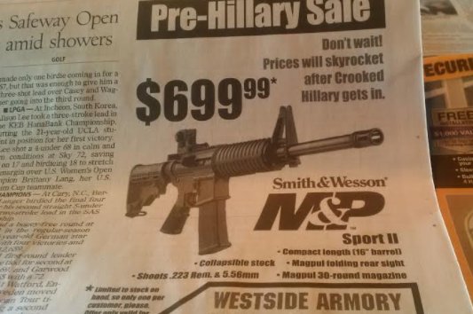 Westside Armory in Las Vegas uses "Crooked Hillary" to drive nervous un owners through their doors. (Photo: Twitter)