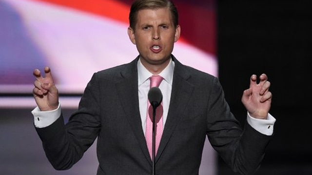 Eric Trump, one of the son's of Donald Trump, putting something in air quotes during his speech at the Republican National Convention in July 2016. (Photo: Timothy A. Clary/Getty)