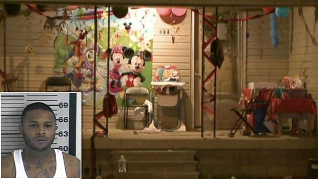 The scene of a fatal shooting at a 2-year-old's birthday party Thursday night. Torius Russell, 30, (inset) has been arrested and charged with first degree murder. (Photo: WREG) 