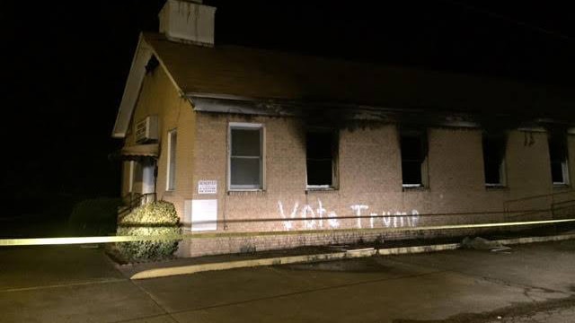 The Hopewell Baptist Church after the fire. Vandals allegedly wrote "Vote Trump" on the side in spray paint. (Photo: Hopewell Baptist Church)