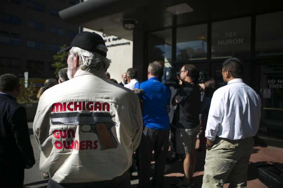 Mike Thiede of Michigan Gun Owners looks on at a press conference in September regarding guns in schools. (Photo: Dominic Valente /The Ann Arbor News) 