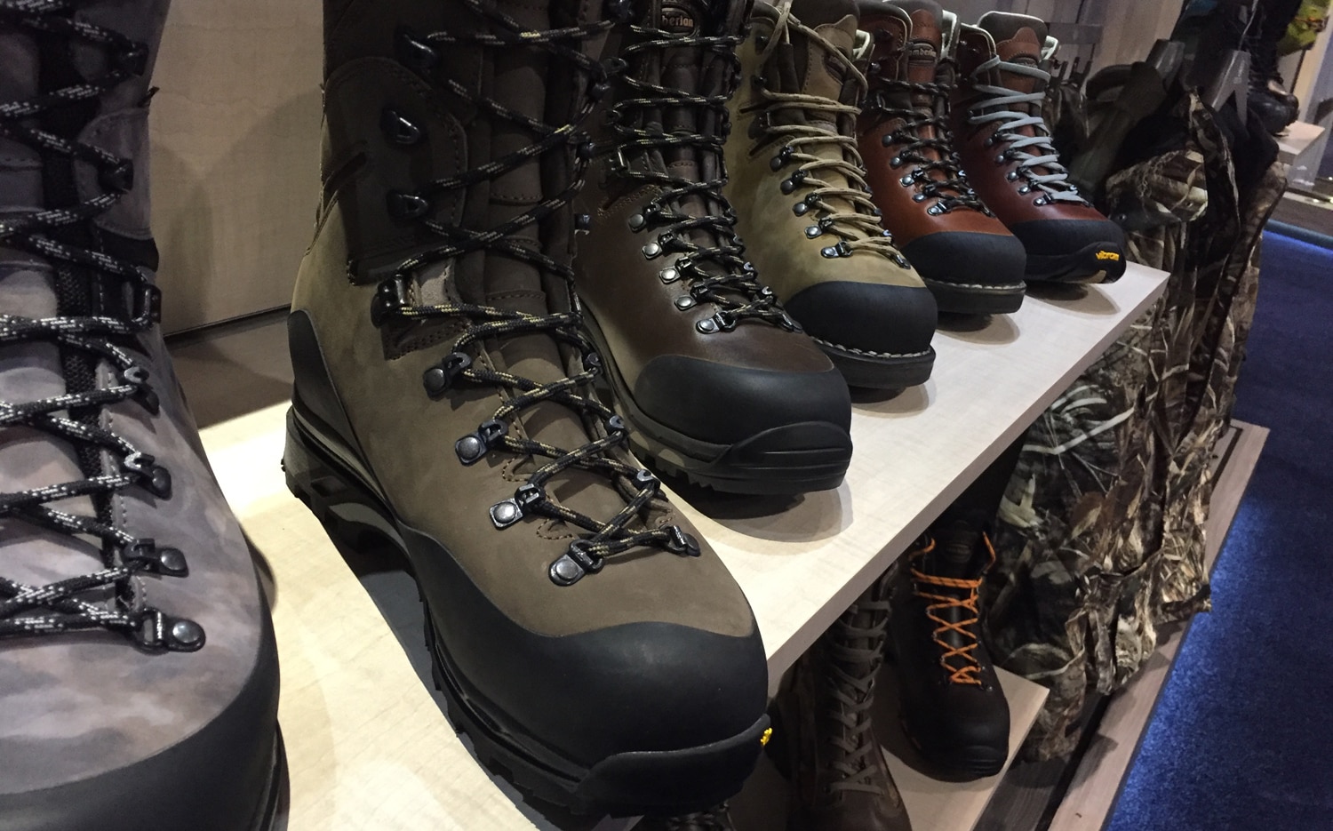 An assortment of Beretta-brand hunting boots on display. Although they may cost a little more, they’ll keep your feet dry and last a decent number of years. (Photo: Daniel Terrill/Guns.com) 