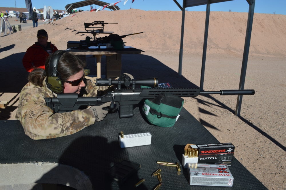 Winchester was still pretty hush-hush on the show floor, but we were able to fire the new .308 Subsonic Hollow Point hunting ammunition on the range. Fired from the new Winchester XPR Chassis gun with a suppressor, the ammo was both accurate and incredibly quiet. (Photo: Kristin Alberts)
