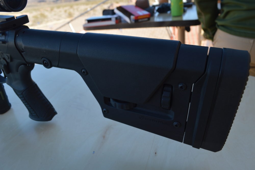 Buttstock detail on the MSR-10 Long Range rifle. This model is the pride-and-joy of Savage's flagship AR line. (Photo: Kristin Alberts)