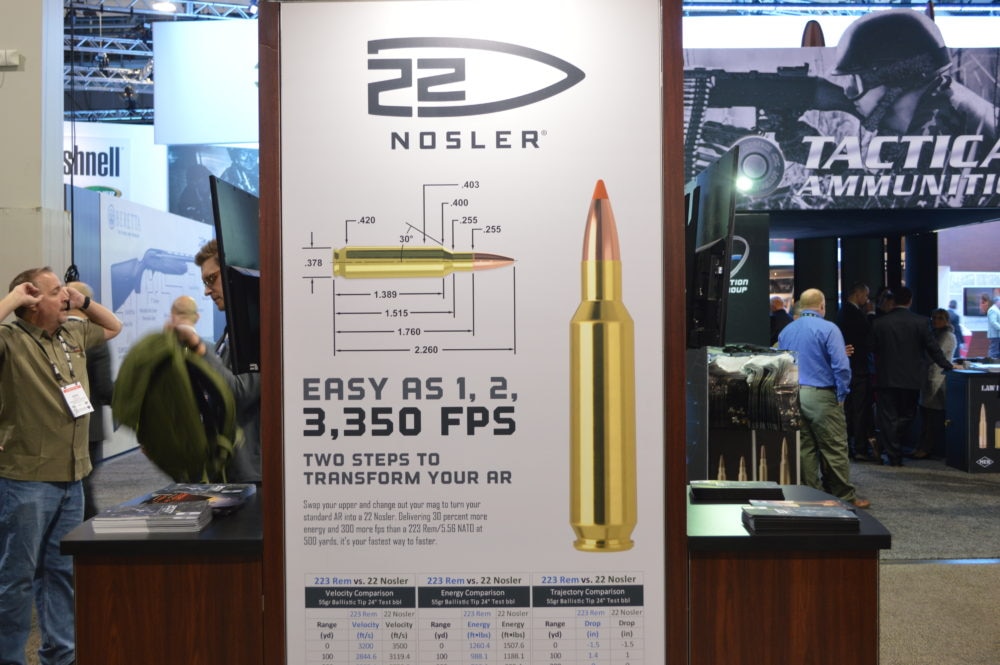 Case dimensions on the 22 Nosler from a booth display. (Photo: Kristin Alberts)