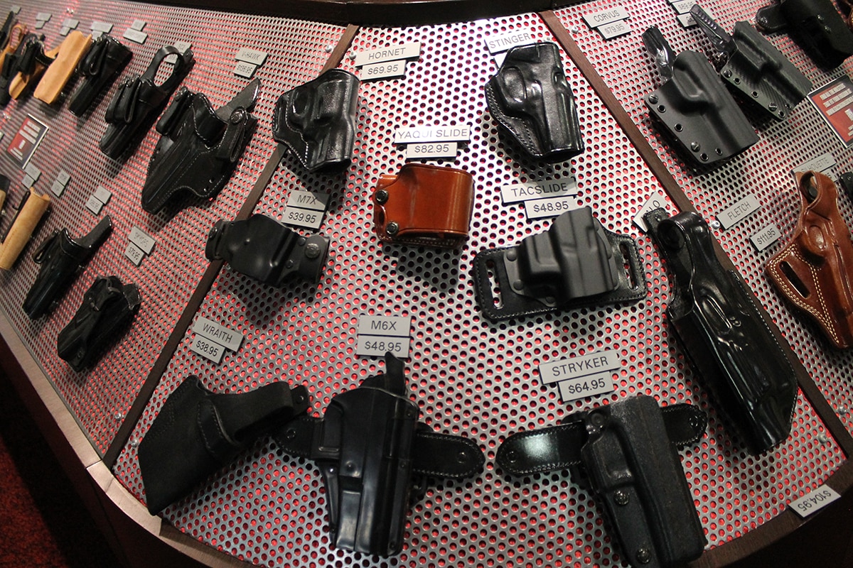 A sampling of holsters at Galco’s booth. (Photo: Jacki Billings) 