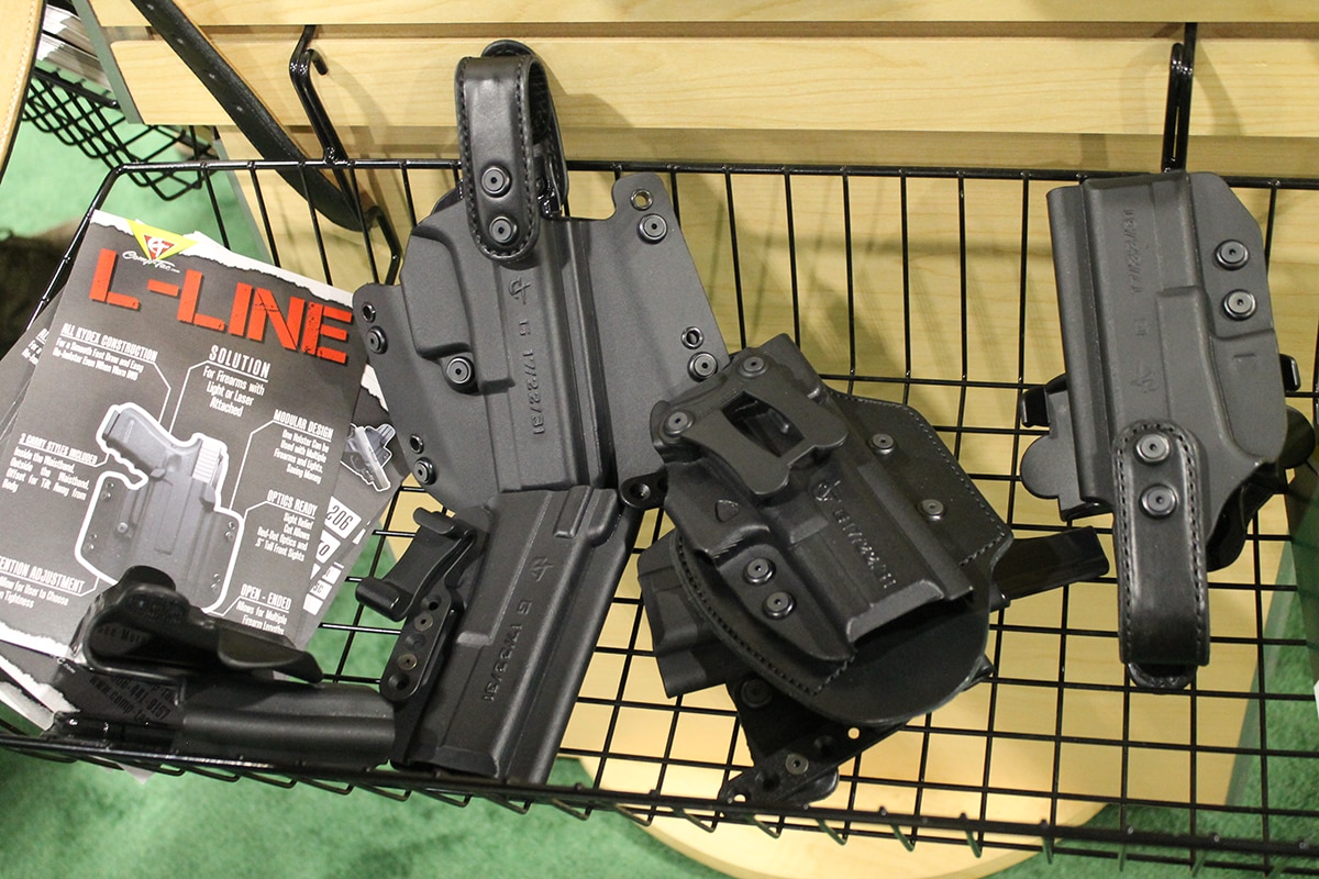 A bin of holsters, including the I-Line, from Comp-Tac (Photo: Jacki Billings) 