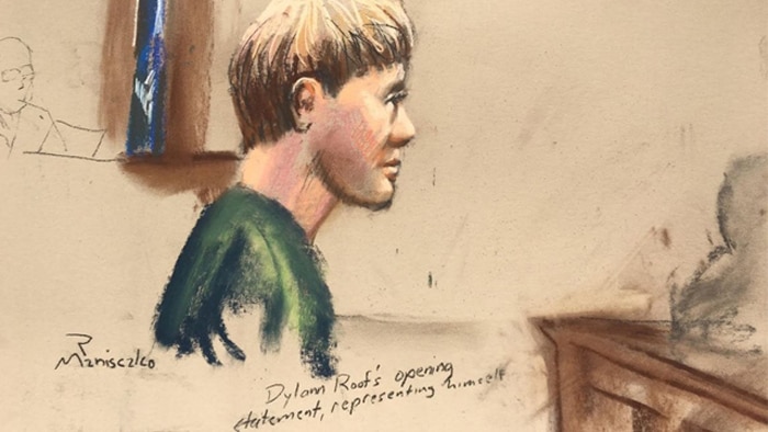 Dylann Roof, who has received the death penalty for the hate-fueled killings of nine black churchgoers, makes his opening statement at his trial in this courtroom sketch in Charleston on Jan. 4. (Photo: Reuters/Sketch by Robert Maniscalco) 