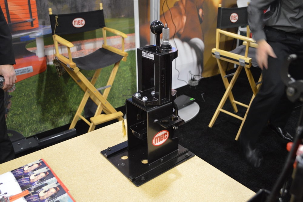 MEC, the company long-dominating the top of the shotshell reloading market, introduced a bench-top press capable of fitting in the company's bench jig. (Photo: Kristin Alberts)