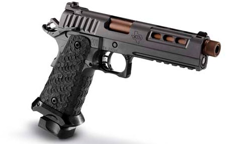 The DVC Tactical Pistol's copper tinted barrel and black frame finish give it a unique appearance. (Photo: STI)