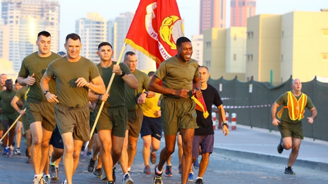 Marine Corps fun run during 2016's Marine Corps birthday with 5th Marine Expeditionary Brigade in Bahrain. (Photo: Sgt. Lauren Falk/Marines)
