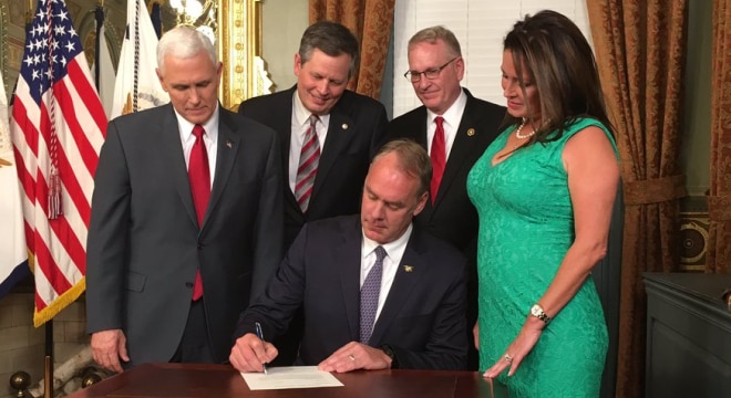 Zinke was sworn in by Vice President Mike Pence at a ceremony in the Eisenhower Executive Office Building after his confirmation Wednesday. (Photo: DOI) 