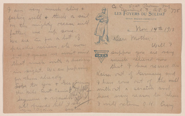Letter from Lester Westcott to his mother on YMCA stationery, November 14, 1918. Lester Westcott Collection, Veterans History Project. (Photo: Library of Congress)