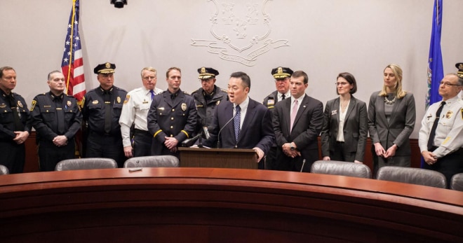 Rep. Tong with other legislators and police chiefs at a press conference in Hartford for the legislation. (Photo: housedems.ct.gov)