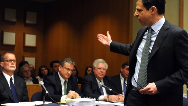 An attorney representing families of Sandy Hook victims addressing attorneys for Remington and other defendants during a hearing in a Connecticut courthouse. (Photo: The Associated Press)