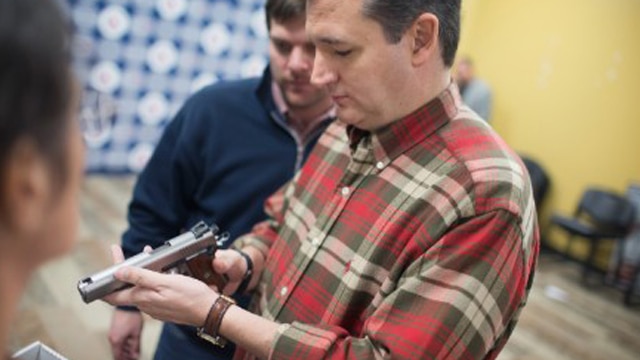 Sen. Ted Cruz looking at a 1911 pistol while wearing his best flannel. (Photo: CNN/AP)