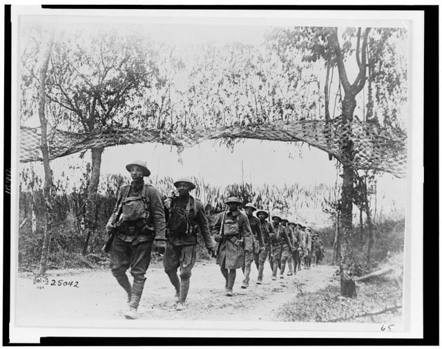 U.S. Army Infantry troops, African American unit, marching northwest of Verdun, France, in World War I. U.S. Army Signal Corps. (Photo: Library of Congress) 