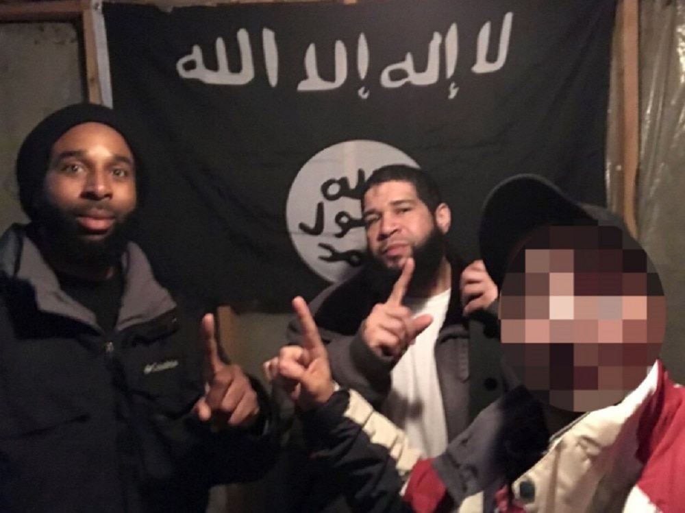 Joseph D. Jones, left, and Edward Schimenti appear with a confidential FBI souce, whom they believed was a supporter of ISIS. The government has blurred the source's face. (Photo in federal complaint)