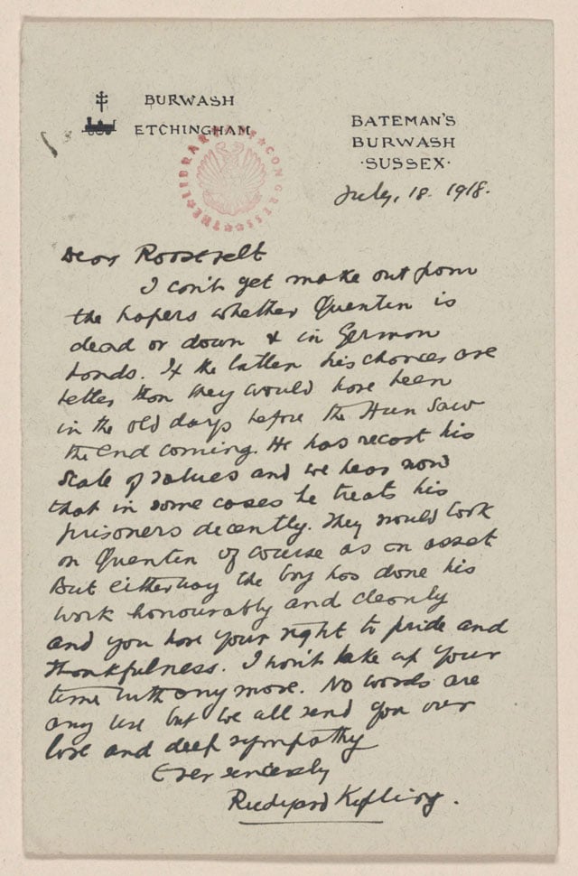 Letter of sympathy from Rudyard Kipling to Theodore Roosevelt