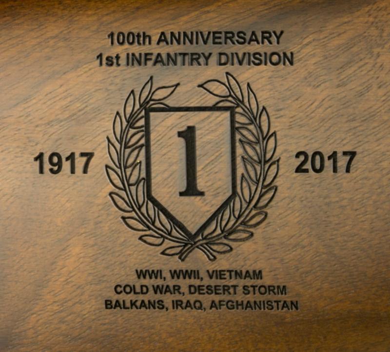 The engraving featured on the commemorative M1 Carbine's stock celebrating the 1st Division. (Photo: Inland Manufacturing) 