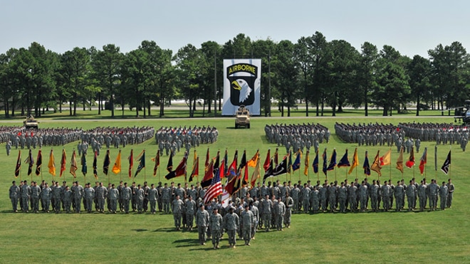 Soldiers rehearse for a division review on Fort Campbell on Aug. 16, 2012. The division review was the concluding event for the 2012 Week of the Eagles celebrating the 70th anniversary of history and valor of the 101st Airborne Division. (Photo: U.S. Army)