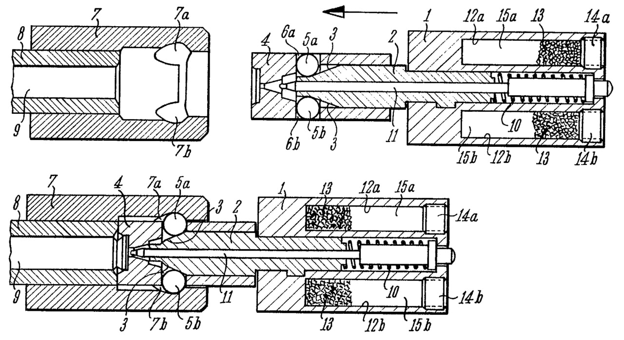 A schematic of the roller-delayed blowback mechanism used in the MP5 submachine gun. (Image: Wiki/USPTO)