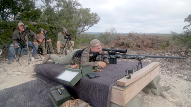 Caption: Jim Spinella pings a target 4,549 yards, or 2.58 miles, with an Extreme Long Range Tactical rifle chambered in 375 Cheytac. (Photo: Hill Country Rifle)