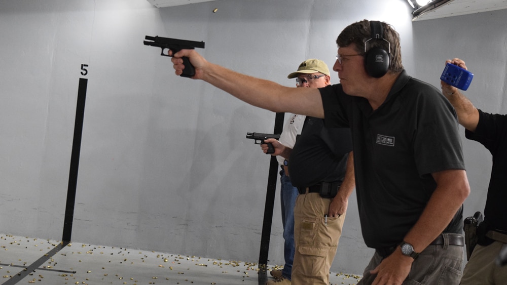 Glock vice president Josh Dorsey shooting a G19 Gen 5 model at the company range