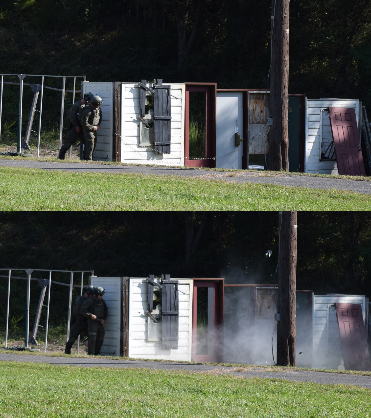 ATF SRT agents demonstrate how to breach a door with explosives. The explosive device is essentially detonation cord sandwiched between a water bottle and an IV bag. (Photo: Daniel Terrill/Guns.com)