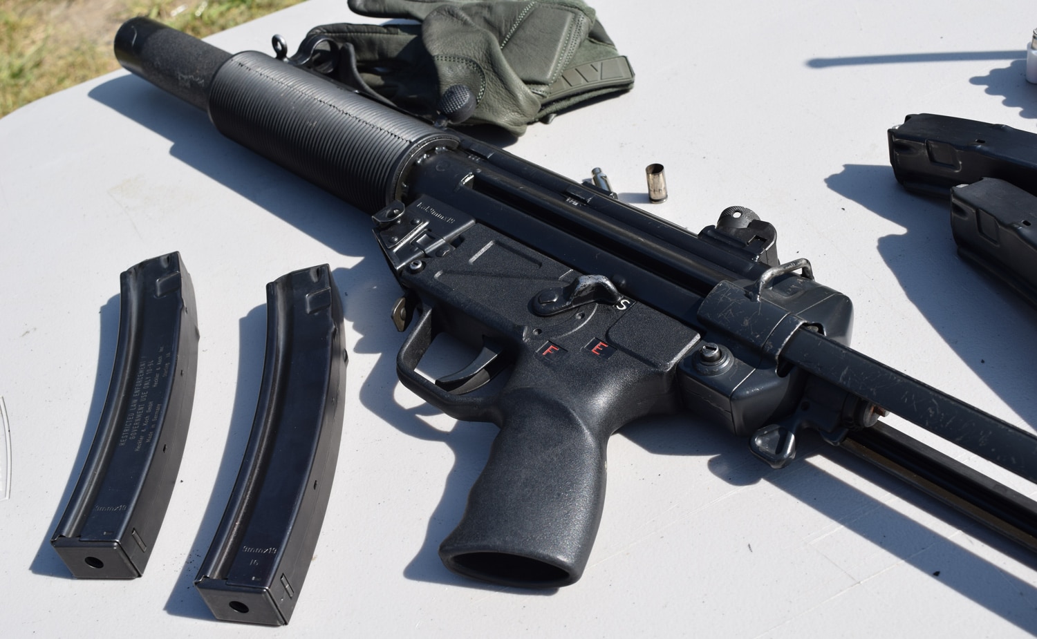 The HK MP5 on display is chambered in 9mm and equipped with an integral suppressor and select fire options. (Photo: Daniel Terrill/Guns.com)
