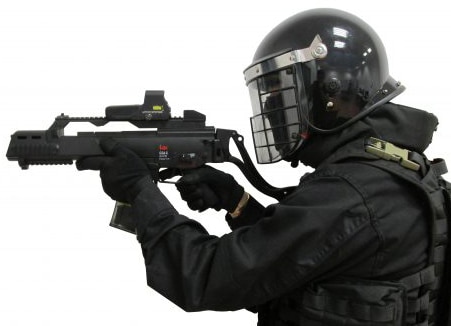 The FRAMM rifle stock is designed to work with ballistic helmets and visors. (Photo: BCB International)