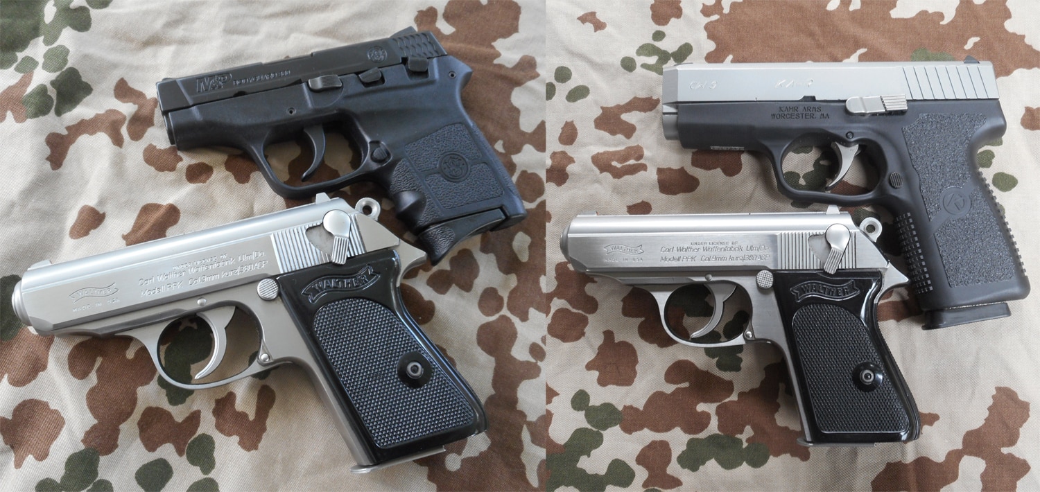 Comparing the Walther PPK to the Smith & Wesson Bodyguard, left, and the Kahr PM-9. (Photo: Francis Borek/Guns.com)